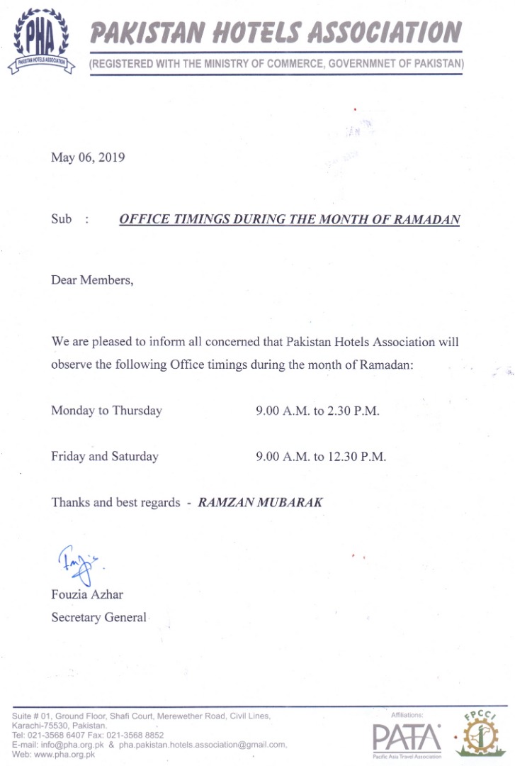 Pakistan Hotels Association Office Hours during the month of Ramadan