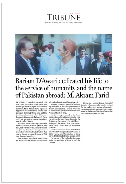 Mian Akram Farid, PHA Senior Vice Chairman pays tribute to late Mr. Byram D. Avari